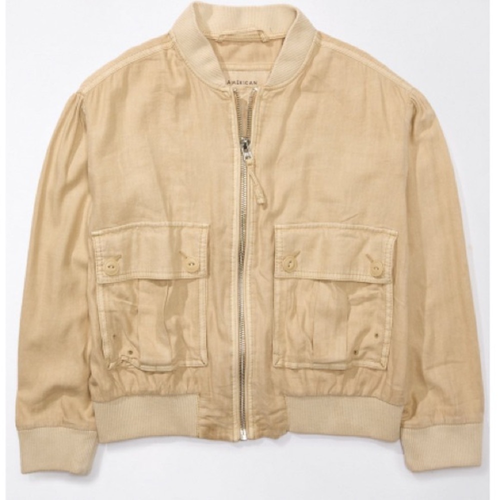 AE | Linen Blend Cropped Bomber Jacket | Desert Sand | XS